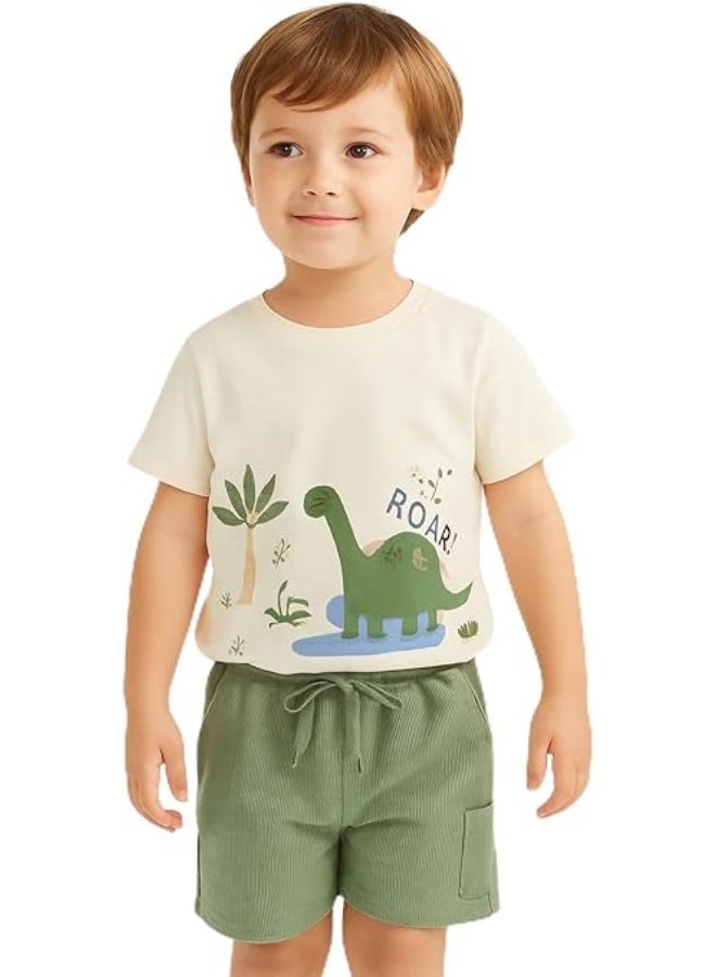 Smarties AE Dinosaur Print T-Shirt and Shorts Set for Boys | 3-4 Years 100% Cotton Cream Top with Green Ribbed Bottoms | Casual ROAR Design Outfit - Image 1
