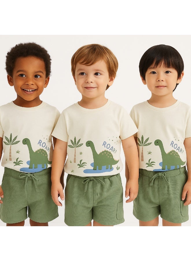 Smarties AE Dinosaur Print T-Shirt and Shorts Set for Boys | 3-4 Years 100% Cotton Cream Top with Green Ribbed Bottoms | Casual ROAR Design Outfit - Image 2