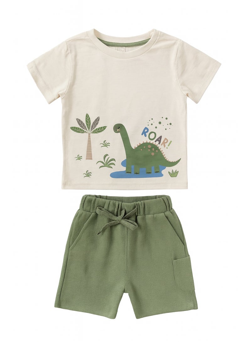 Smarties AE Dinosaur Print T-Shirt and Shorts Set for Boys | 3-4 Years 100% Cotton Cream Top with Green Ribbed Bottoms | Casual ROAR Design Outfit - Image 3