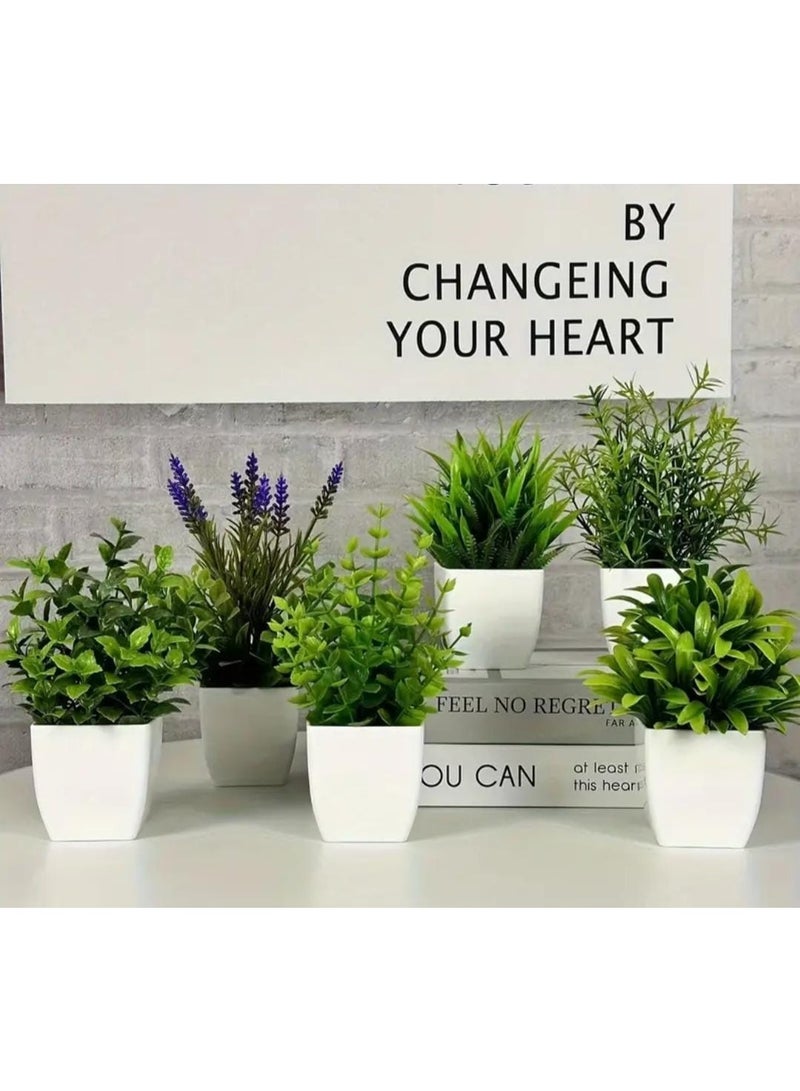 LDQ 6PCS Mini Artificial Green Potted Plants – Small White Flower & Lavender Simulation Plants for Home, Office, Bedroom & Bathroom Decoration - Image 2