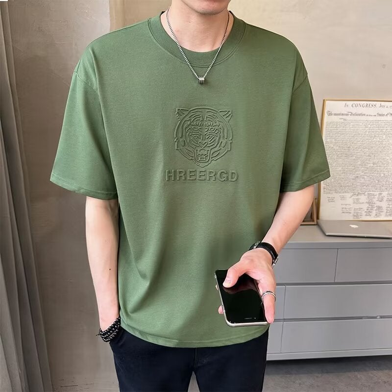 100 Pure Cotton Short Sleeve Men'S Five-Point T-Shirt Loose Round Neck Shoulder Sleeve Fashionable Casual T-Shirt Fashionable Brand Steel Printed Short Sleeve - Image 1