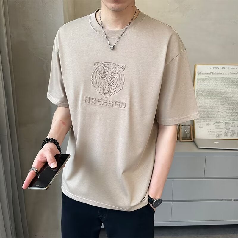 100 Pure Cotton Short Sleeve Men'S Five-Point T-Shirt Loose Round Neck Shoulder Sleeve Fashionable Casual T-Shirt Fashionable Brand Steel Printed Short Sleeve - Image 5