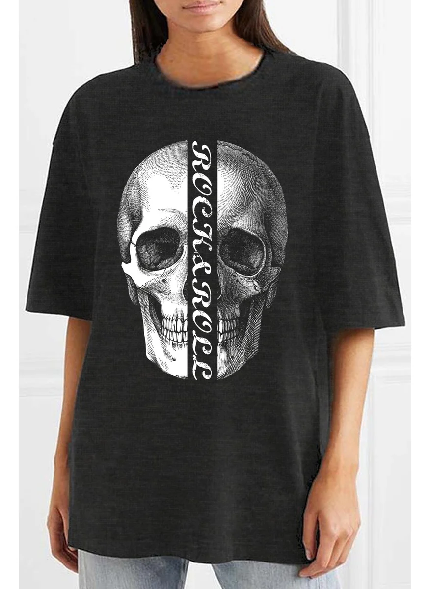 Rock&Roll Half Skull Oversize Anthracite Short Sleeve Women's T-Shirt