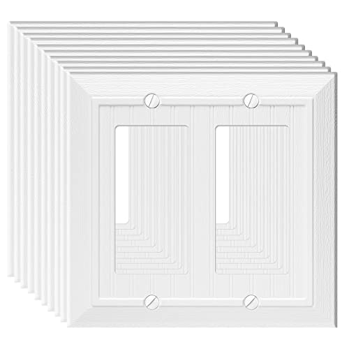 Anteer Modern Decorative Wall Plate Switch Plate Outlet Cover Vintage Retro Wood Grain Design Double Decorator10 Pack White - Image 1