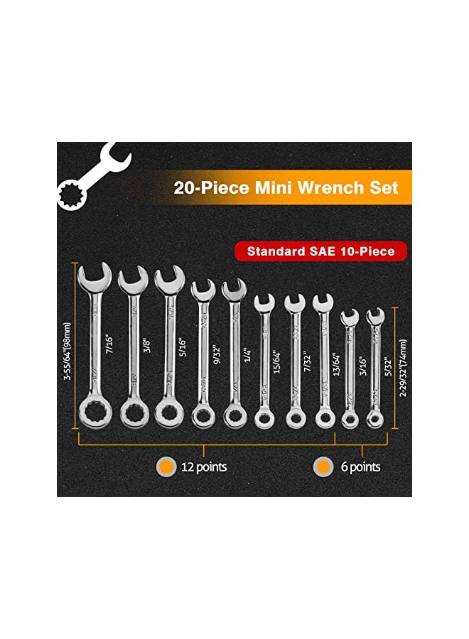 SPEEDWOX SPEEDWOX 20 Pcs Mini Combination Wrench Set Mini Ignition Wrench Set Mini Wrench Set Metric and SAE Small Wrench Sets 5/32"-7/16" & 4-11mm Open and Box End Spanner Wrench Set with Storage Pouch - Image 2