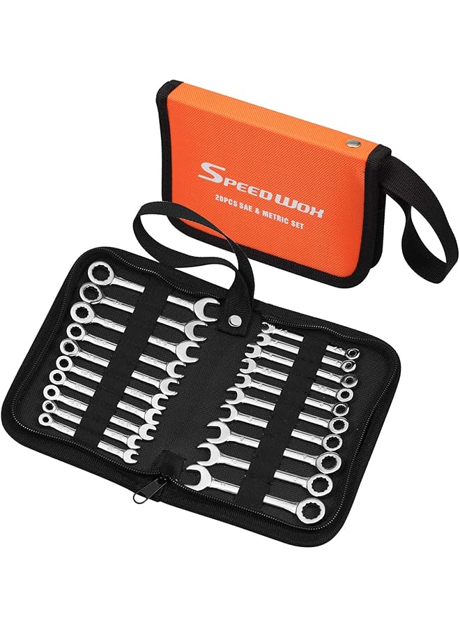 SPEEDWOX SPEEDWOX 20 Pcs Mini Combination Wrench Set Mini Ignition Wrench Set Mini Wrench Set Metric and SAE Small Wrench Sets 5/32"-7/16" & 4-11mm Open and Box End Spanner Wrench Set with Storage Pouch - Image 1