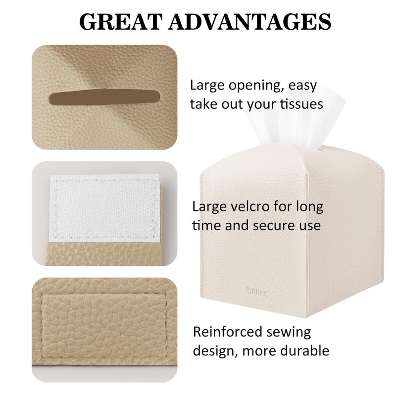 PARIERIS Tissue Box Cover Holder Square Tissue Cube Cover PU Leather Tissue Organizer with Bottom Belt for Bathroom, Tabletop, Car, Night Stands, Office, Home, Kitchen (1, SoftBeige) - Image 5