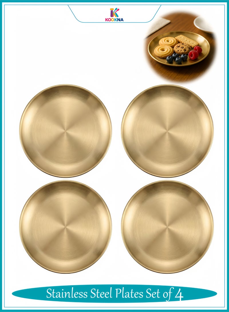 KOOKNA Stainless Steel Plates, 14cm Small Metal Dinner Tray for Snack, Nut and Candy, Shatterproof & Dishwasher Safe Camping Plates for Home and Restaurant（4 Piece Gold） - Image 1