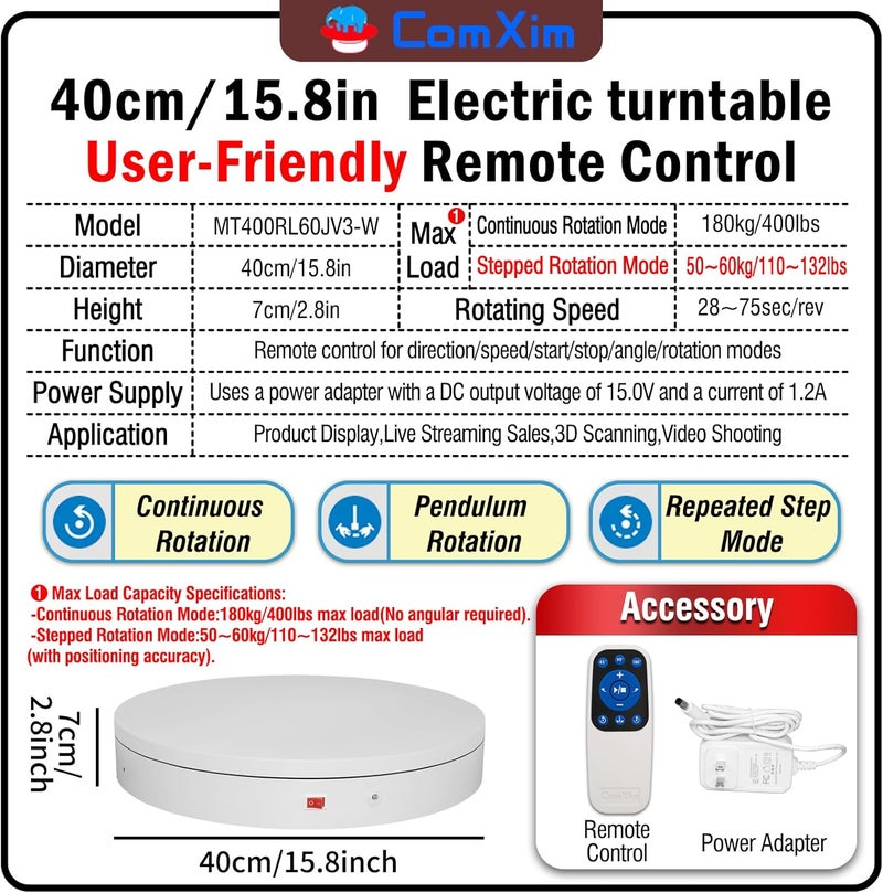 ComXim 15.8In Remote Motorized Electric Turntable Rotating Display Stand Rotating Platform Photography Turntable motorized lazy susan base giratoria para for Photography,3D Scanner,(Load Range:132~400lbs) - Image 2