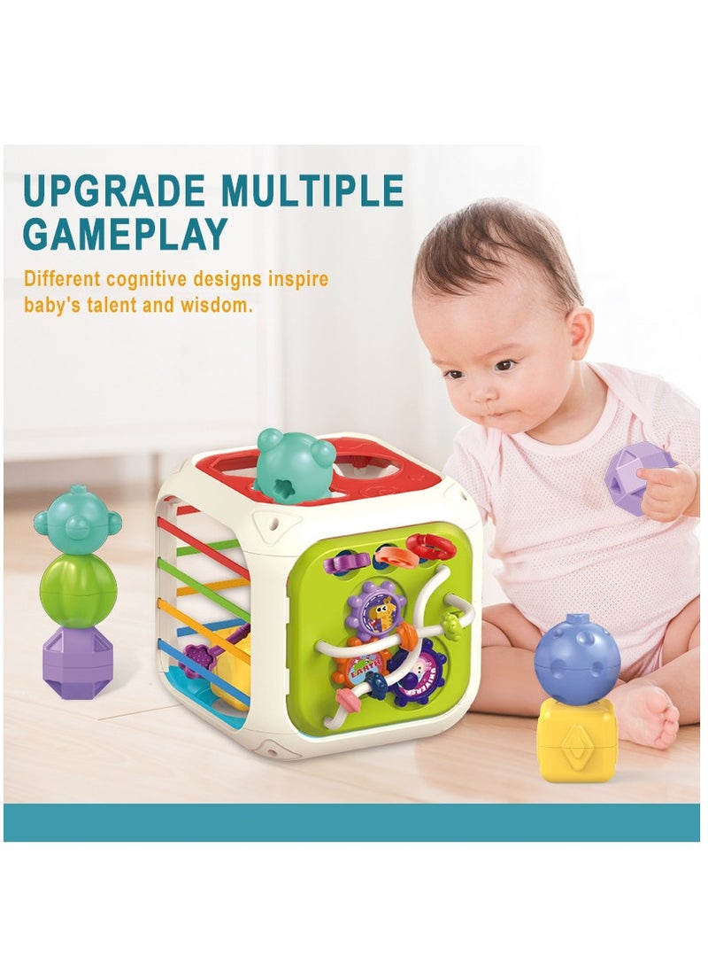Baby Toy Sorting Box 6 In 1 Sensory Box Shape Sorter Toy With Elastic Band Cube Stacking Drawstring Toy Montessori Sensory Toy