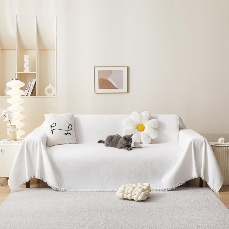 MEETSKY Couch Covers for 3 Cushion Couch Sofa Covers Washable Decorative Sectional Couch Covers Sofa Slipcovers Soft Chenille Blend Throw Cover for Living Room 91 x 134 White