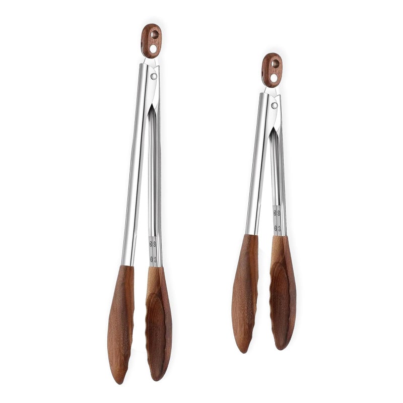 Micyples Wooden Tongs for Cooking Heat Resistant 2 Pcs 9 Inch 12 Inch Wooden Salad Tongs with Wood Tip for Serving Food Walnut Wood Kitchen Utensils for Toaster Home Chefs Gift Suitable for Non-stick Cookware - Image 1
