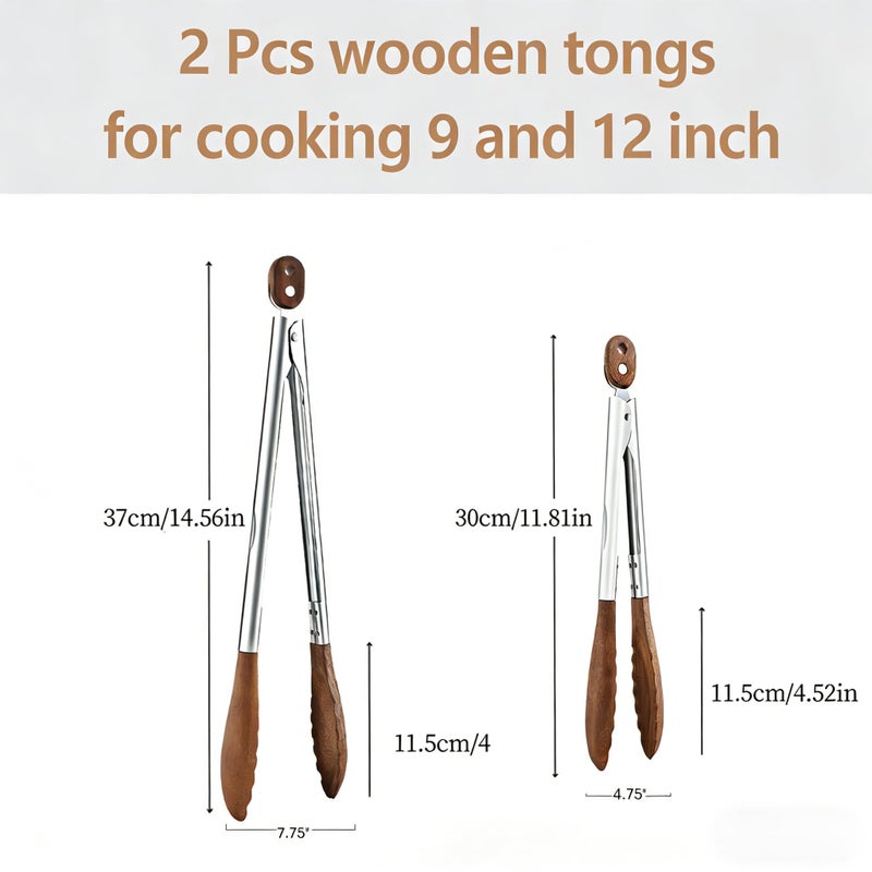 Micyples Wooden Tongs for Cooking Heat Resistant 2 Pcs 9 Inch 12 Inch Wooden Salad Tongs with Wood Tip for Serving Food Walnut Wood Kitchen Utensils for Toaster Home Chefs Gift Suitable for Non-stick Cookware - Image 2