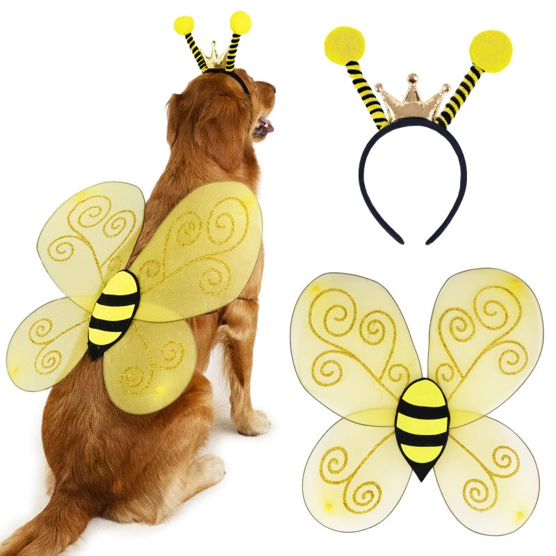 Wodison Bee Dog Headband and Wings Costume Set, Bee Wings Headband Accessories for Large Dog Halloween Christmas Birthday Festival Party Cosplay - Image 1