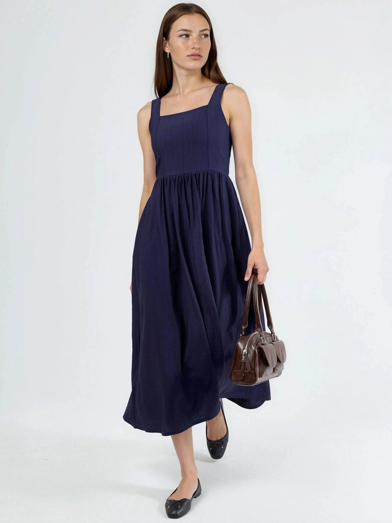 BUSEM Solid Midi Dress with Square Collar - Image 1