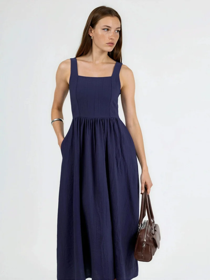 Busem BUSEM Solid Midi Dress with Square Collar