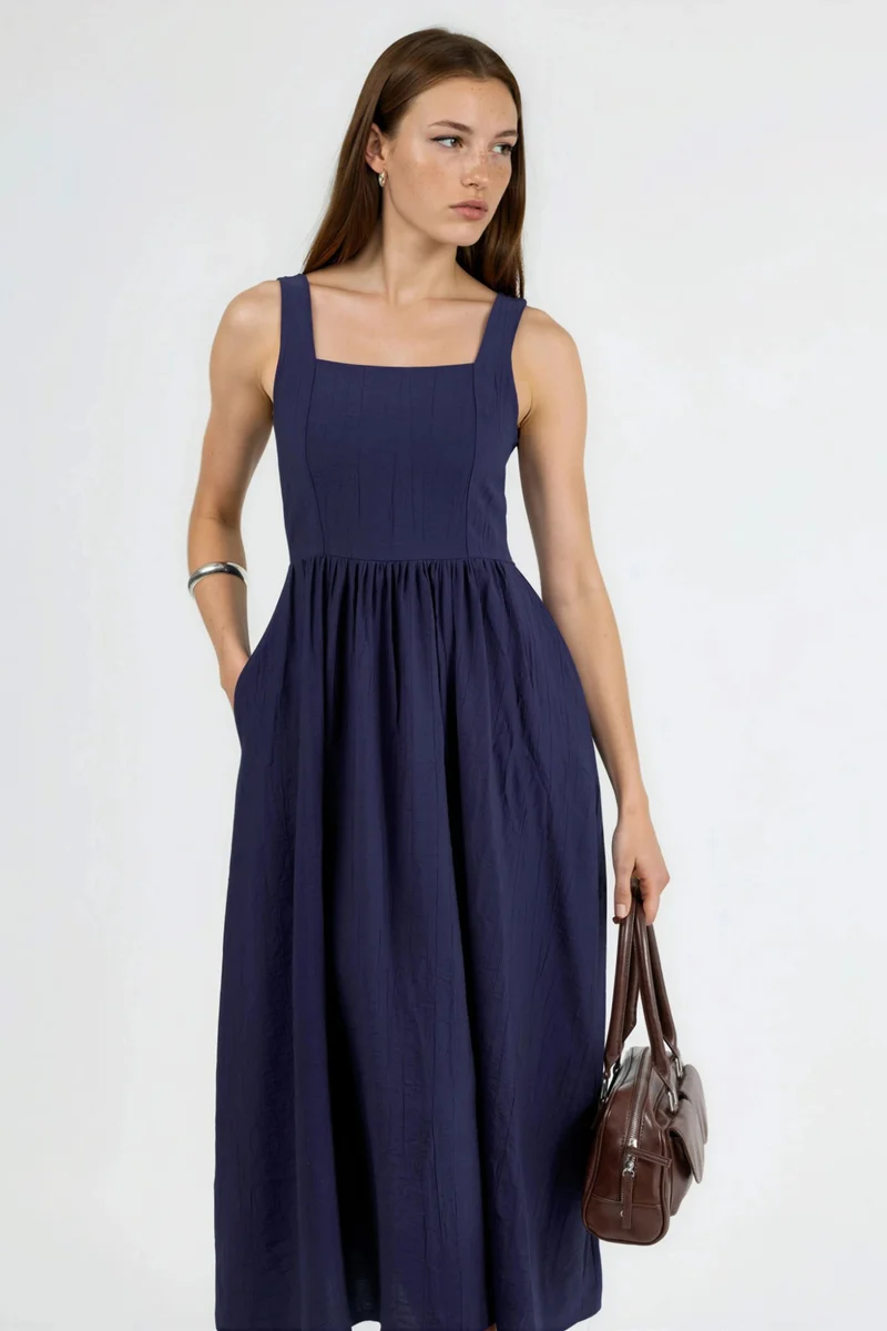 Busem BUSEM Solid Midi Dress with Square Collar