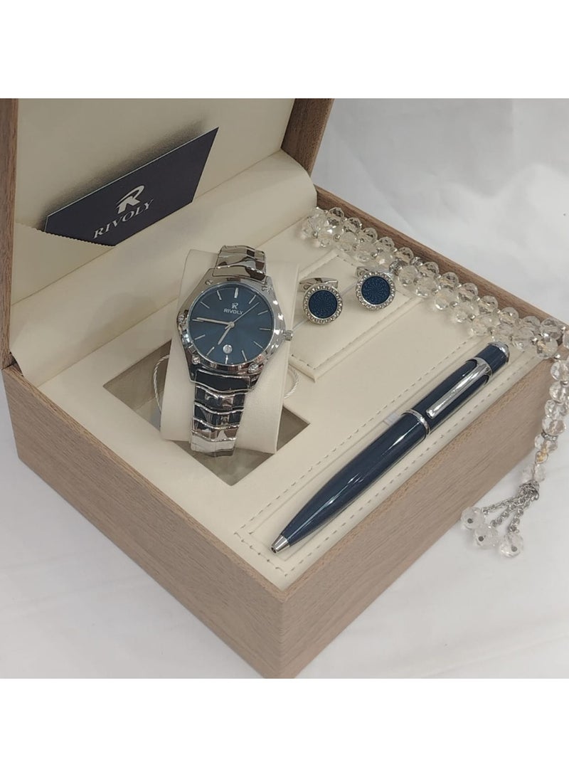 Men's stainless steel set consisting of a watch, rosary, pen, and cufflinks