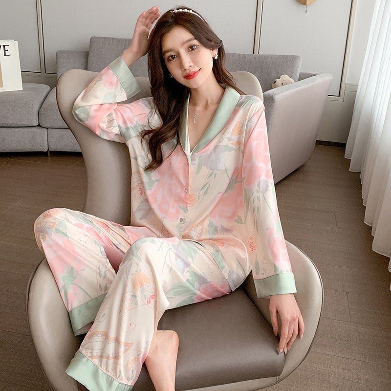 Silk Pajama Set Sweet 2024 New Womens Loungewear Lotus chaos shadow double long 