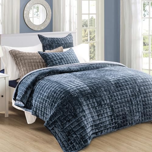 RECYCO Luxury Velvet Quilt Set, California King 118'' x 106'' Oversized Bedspread, Ultra Soft Velvet Comforter, Lightweight Box Stitch Bedding Sets for All Season, with 2 Shams, Stormy Blue - Image 2