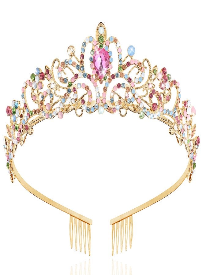 TAROSE Rainbow and Gold Crowns for Women and Girls, Queen Crystal Tiaras with Colorful Rhinestone and Combs, Goddess Crown for Wedding Bride Birthday Princess Bridal Shower Hair Accessories - Image 1
