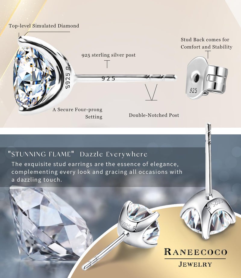 Raneecoco "STUNNING FLAME" 18K White Gold Plated Sterling Silver Cubic-Zirconia Stud CZ Earrings | 4ct - Image 3