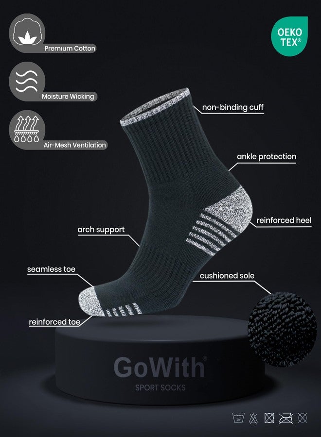 GoWith 2 Pairs Unisex Cotton Cushioned Crew Socks, Moisture-Wicking Lightweight Athletic Striped Golf Socks for Men & Women, Black, Small, Model: 3502 - Image 5