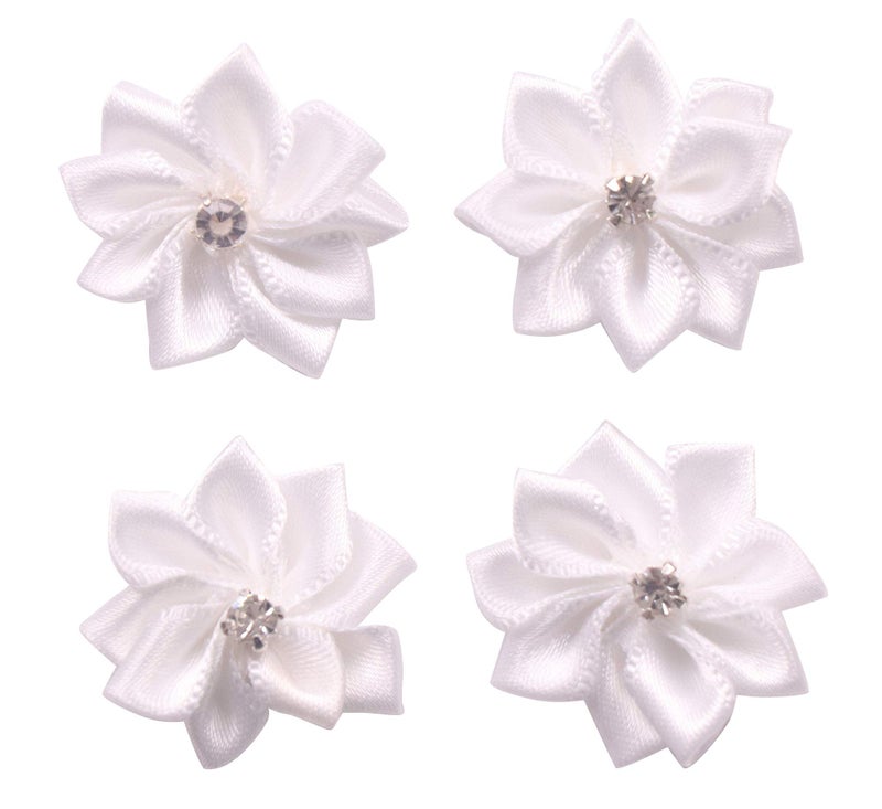 YAKA 60Pcs White Satin Ribbon Flowers Bows Rose WRhinestone Appliques Craft Wedding 11inch