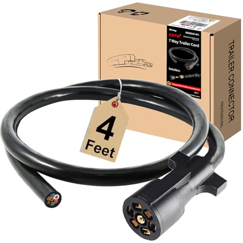 CXTM 7 Way Trailer Cord,4FT Heavy Duty 7 Way Trailer Plug Inline Cord Wire Harness Cable Double Prongs Connector 7 pin Trailer Wiring Harness 4 Feet for Camper Blade Molded RV Cable Wire(4ft) - Image 1