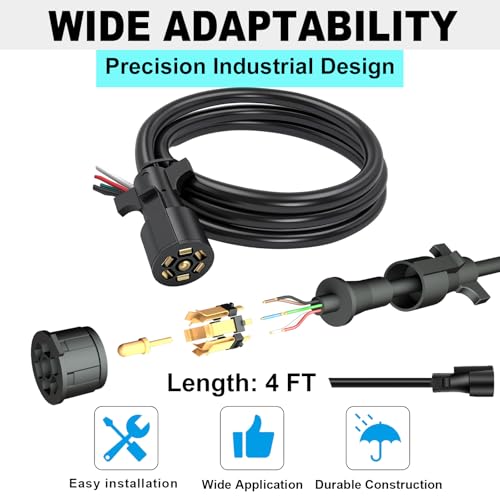 CXTM 7 Way Trailer Cord,4FT Heavy Duty 7 Way Trailer Plug Inline Cord Wire Harness Cable Double Prongs Connector 7 pin Trailer Wiring Harness 4 Feet for Camper Blade Molded RV Cable Wire(4ft) - Image 4