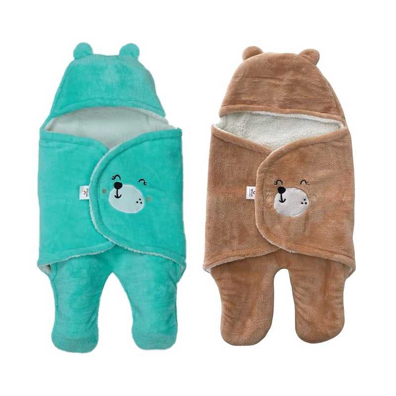 MYLO Mylo Baby UltraSoft Cute Baby Pack of 2 Swaddling Wrapper All Season Ac Blanket Multipurpose Hoodie Teddy Bear06 Months Mint GreenLight Brown