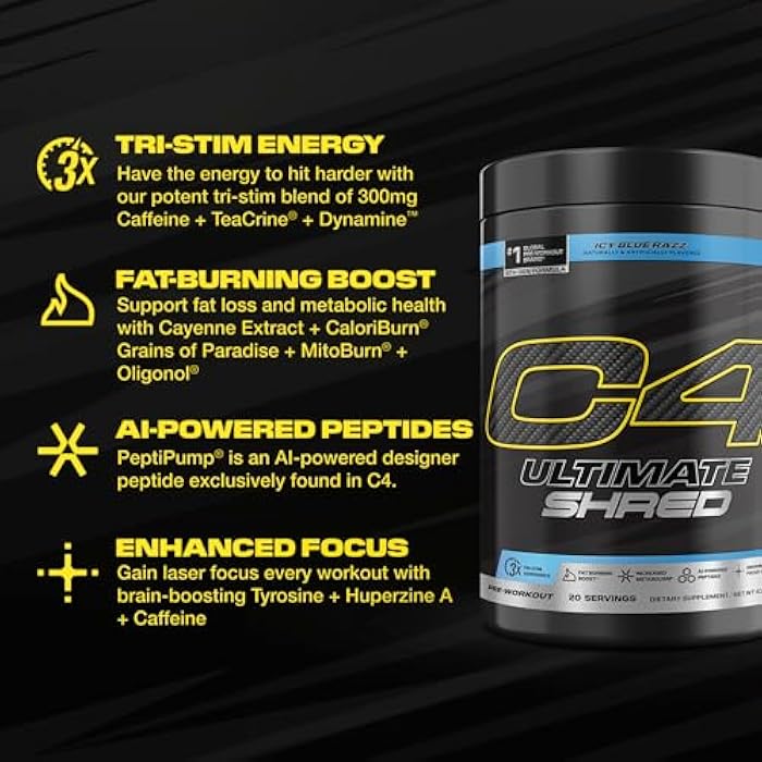 C4 Cellucor C4 Ultimate Shred Pre Workout Powder, Fat Burner for Men & Women, Weight Loss Supplement with Ginger Root Extract, Icy Blue Razz, 20 Servings - Image 2
