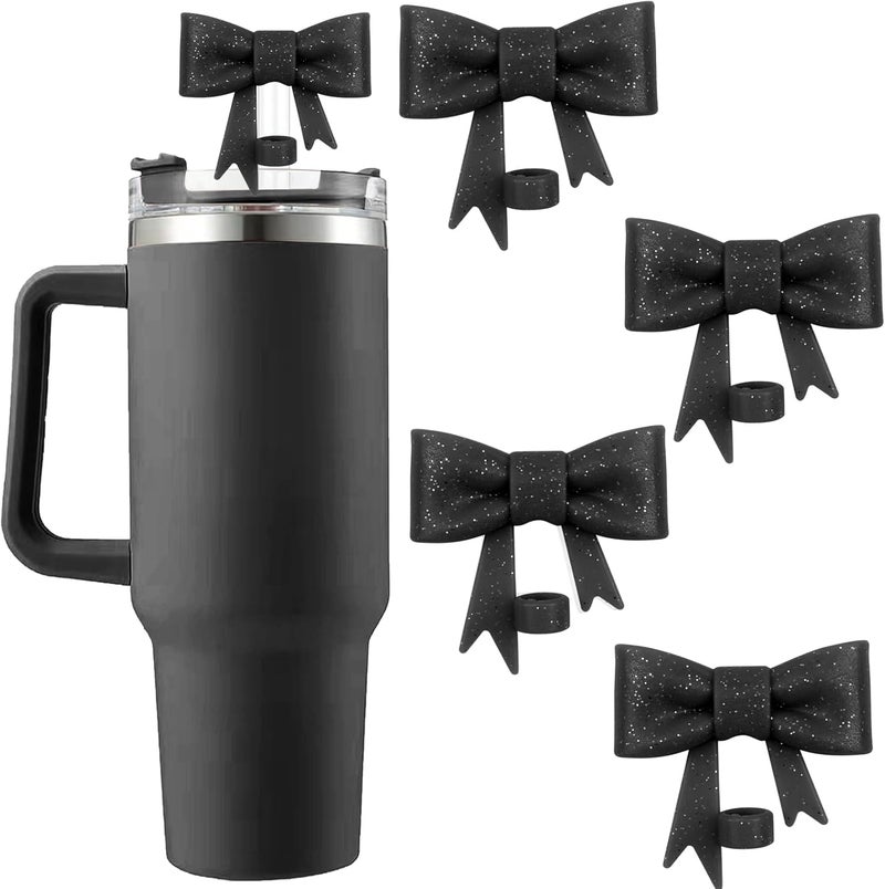 Hpebl 4Pcs Silicone Straw Toppers Covers for Stanley Cups 40/30oz 10mm(0.4in) Shiny Black Dust-Proof Bow Straw Covers Toppers Suitbale for Stanley Cup Accessories Reusable Straws Caps - Image 1