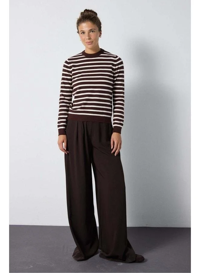 mina aise Women's Beige - Brown Striped Flexible Premium Knit Sweater 7050.