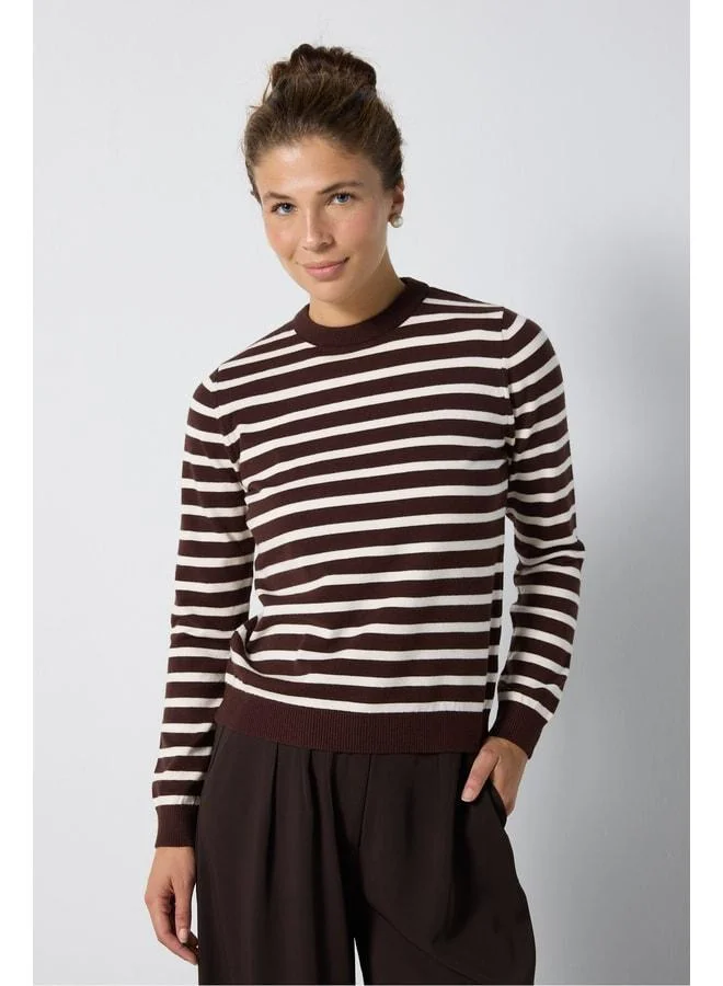 mina aise Women's Beige - Brown Striped Flexible Premium Knit Sweater 7050.