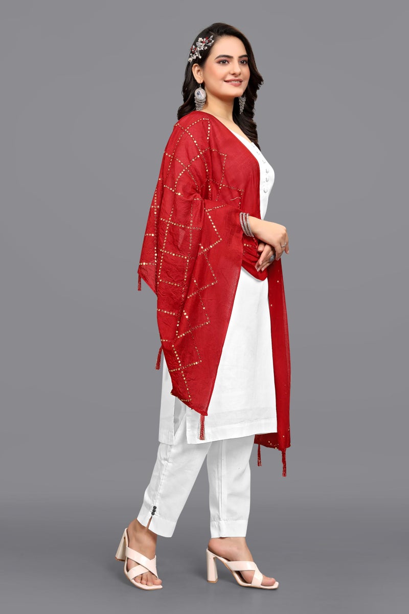 KEMZA Women's Embroidered Cotton Mirror Dupatta (Red) in Checks Pattern - Image 3