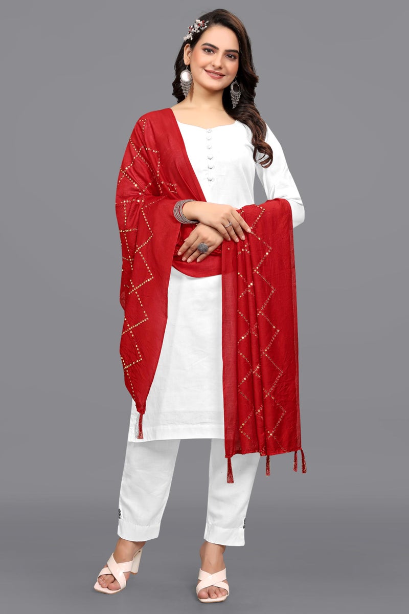 KEMZA Women's Embroidered Cotton Mirror Dupatta (Red) in Checks Pattern - Image 2