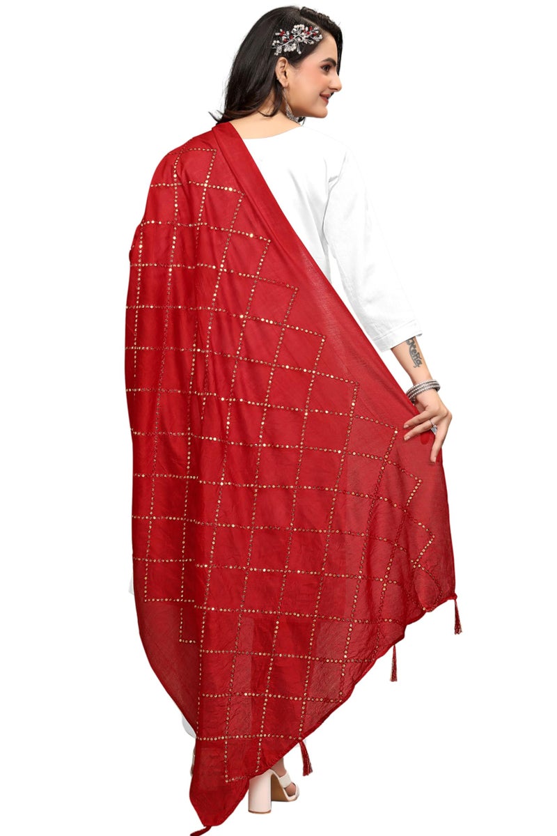 KEMZA Women's Embroidered Cotton Mirror Dupatta (Red) in Checks Pattern - Image 1