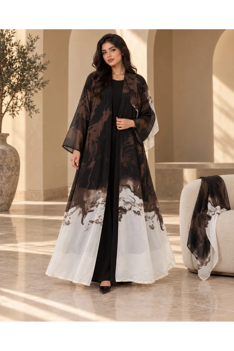 Kavalee Women's Luxury Abstract Print Open Abaya with Matching Hijab/Shawl - Black, Mocha & Ivory