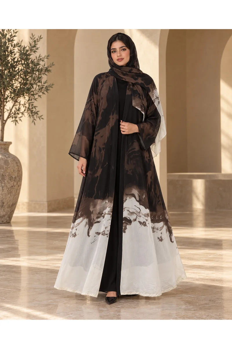 Kavalee Women's Luxury Abstract Print Open Abaya with Matching Hijab/Shawl - Black, Mocha & Ivory