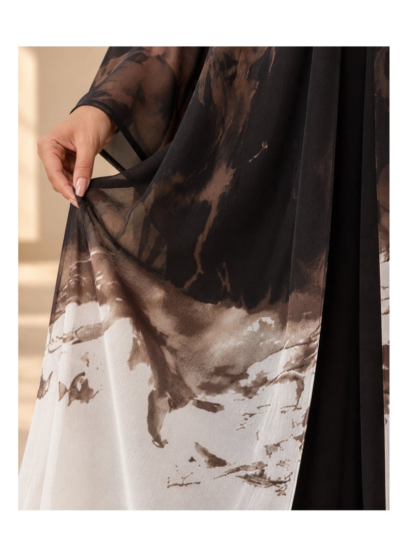 KAVALEE Women's Luxury Abstract Print Open Abaya with Matching Hijab/Shawl - Black, Mocha & Ivory - Image 5