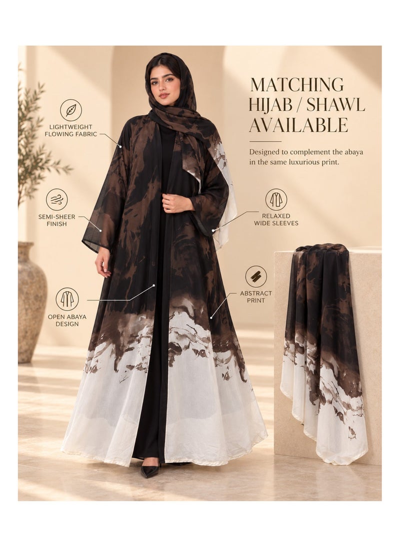 KAVALEE Women's Luxury Abstract Print Open Abaya with Matching Hijab/Shawl - Black, Mocha & Ivory - Image 4