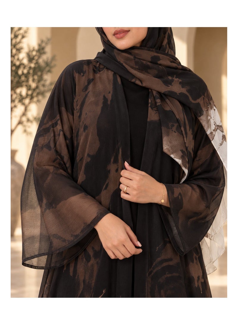 KAVALEE Women's Luxury Abstract Print Open Abaya with Matching Hijab/Shawl - Black, Mocha & Ivory - Image 3