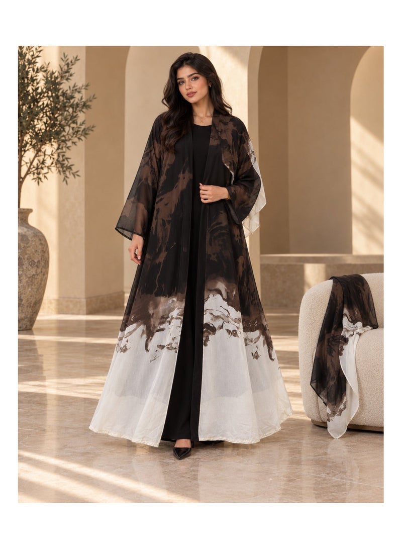 KAVALEE Women's Luxury Abstract Print Open Abaya with Matching Hijab/Shawl - Black, Mocha & Ivory - Image 1