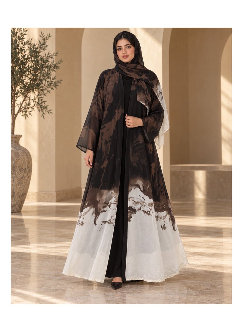 KAVALEE Women's Luxury Abstract Print Open Abaya with Matching Hijab/Shawl - Black, Mocha & Ivory - Image 2