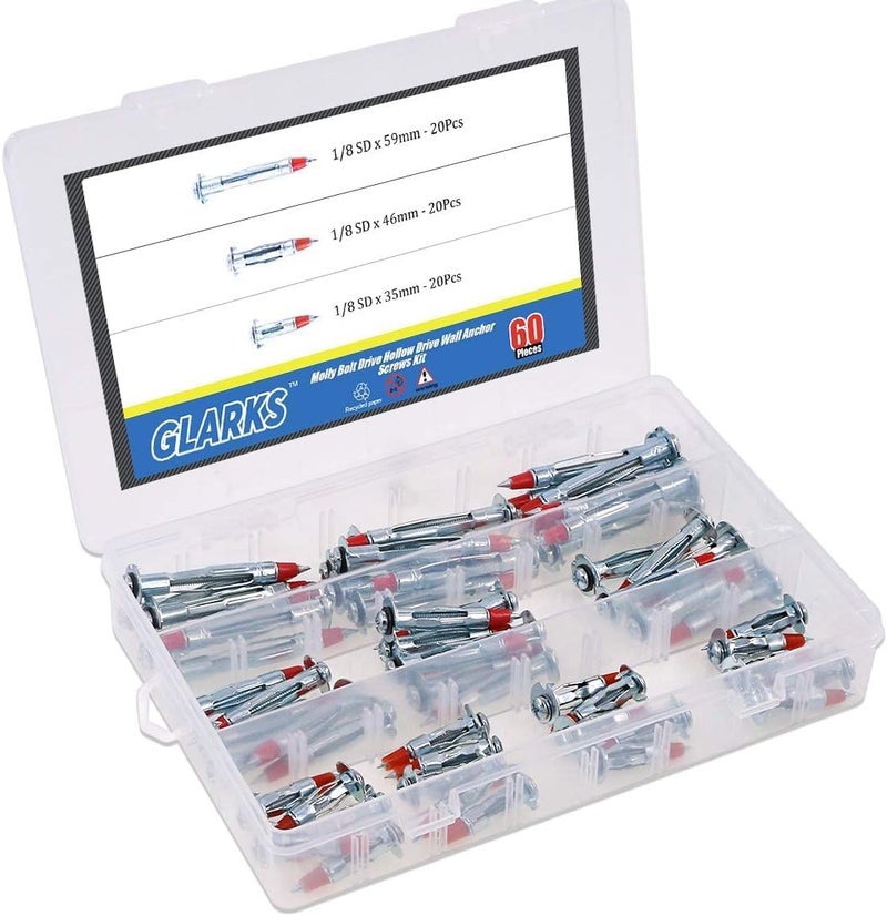 Glarks 60 قطعة من مسامير تثبيت الحوائط الثقيلة 1/8 بوصة 35/46/59 مم معزولة بالزنك - Image 4