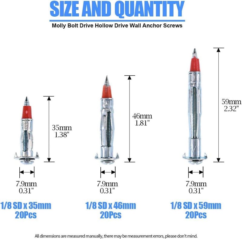 Glarks 60 قطعة من مسامير تثبيت الحوائط الثقيلة 1/8 بوصة 35/46/59 مم معزولة بالزنك - Image 2