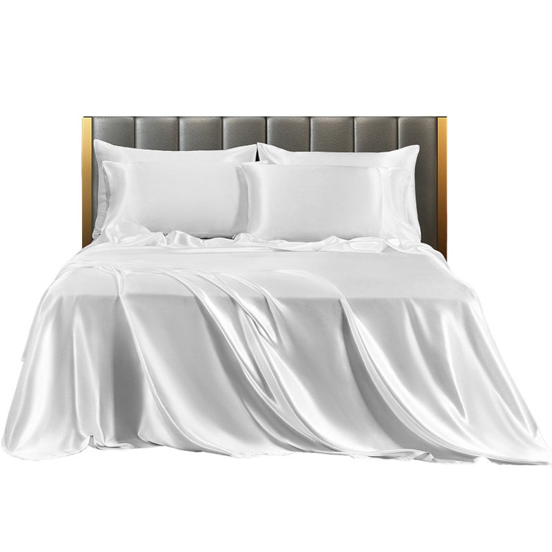 Bedding Four Piece Set Household European and American Solid Color One Piece Imitation Silk Bed Sheet Pillowcase QUEEN - Image 1