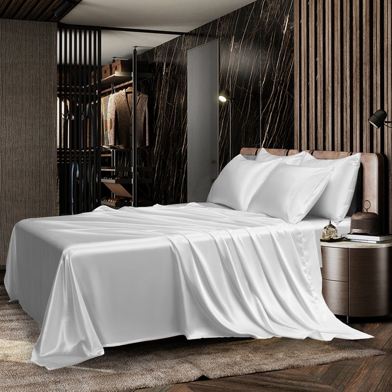 Bedding Four Piece Set Household European and American Solid Color One Piece Imitation Silk Bed Sheet Pillowcase QUEEN - Image 5