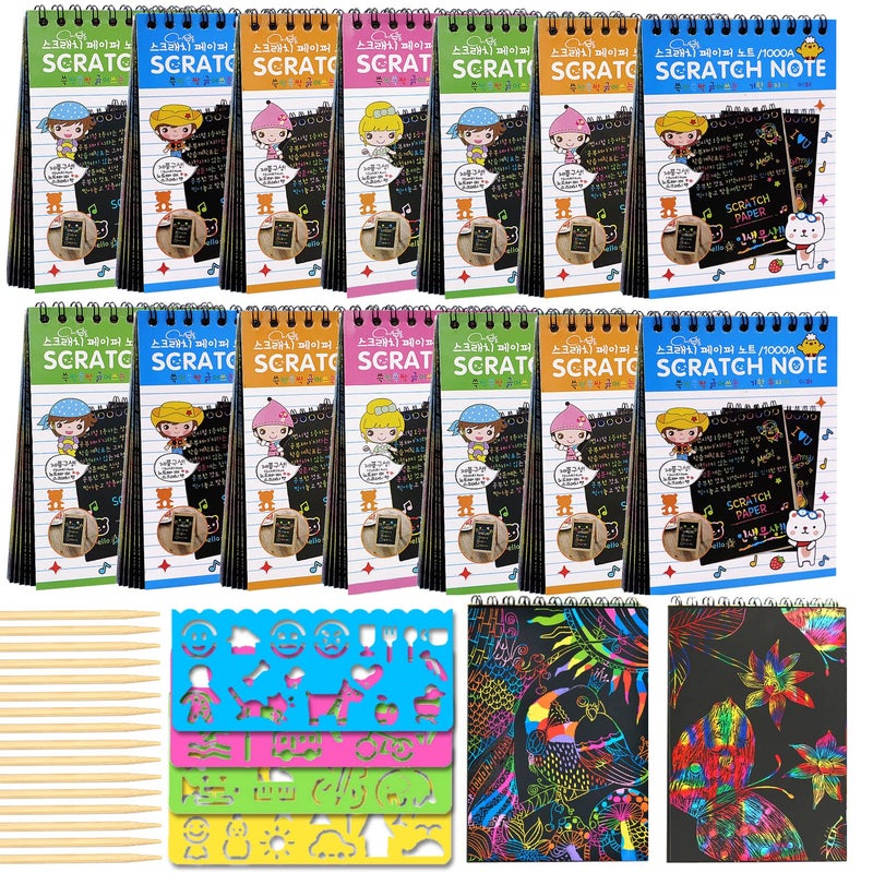 POKONBOY 16 Pack Scratch Arts and Crafts Notebooks Scratch Note Pads for Kids Rainbow Party Favors Coloring Books for Kids Art Party Supplies Stocking Stuffers16 Wooden Stylus 4 Drawing Stencils - Image 2